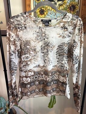 Etcetera Brown and Cream Long-Sleeve Floral Print Top